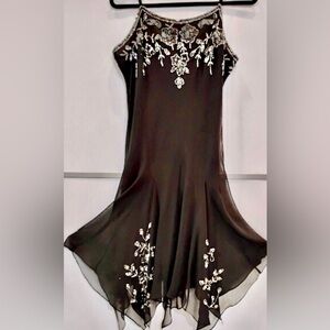 Elegant black silk dress,pixie cut,flutter hem,sequin,floral,hand beaded.Sz 12